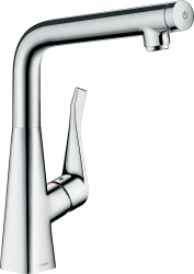 Смеситель для кухни/мойки Hansgrohe Metris Select M71 320, однорычажный, поворотный, керамический, с высоким L-образным изливом, высота излива 30,7 см, латунь, покрытие хром, цвет хром, с кнопкой Select
