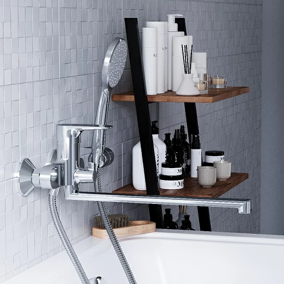 Смеситель для ванны/душа Damixa Origin Evo 2 однорычажный, хромированный, настенный, излив длинный универсальный, длина 350 мм, с аксессуарами, с шлангом/лейкой