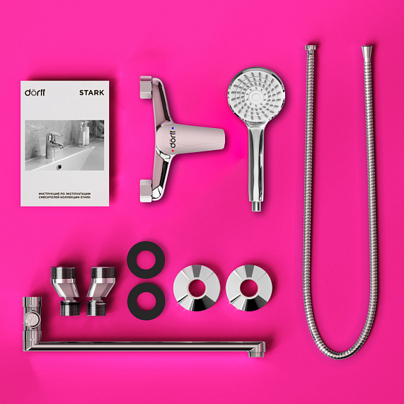 Смеситель для ванны/душа Dorff Stark однорычажный, керамический, настенный, излив поворотный 323 мм, с гибким шлангом/лейкой, латунь, хром