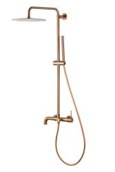 Душевая система Knotlor Elixir, высота от 900-1200 мм, цвет бронза, комплект: однорычажный смеситель/излив/тропический душ (с верхней лейкой)/стойка/лейка/шланг, наружного монтажа