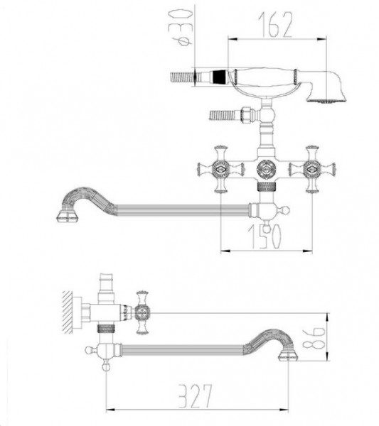 Смеситель для ванны/душа ZorG A, настенный, двухвентильный, поворотный, длина излива 327 мм, керамический, латунь, цвет бронза