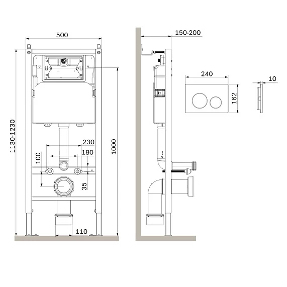 Инсталляция AM.PM PrimeFit с механической клавишей L цвет черный матовый (клавиша смыва, двойного слива), система для подвесного унитаза, со скрытым смывным бачком (бак), комплект