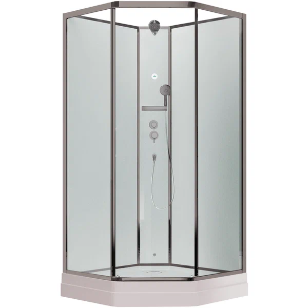 Душевая кабина 90x90х222 см TIMO Premium поддон низкий, пятиугольная, угловая, без гидромассажа, с верхним душем, стекло прозрачное, заднее матовое, без крыши, смеситель, профиль, прозрачное стекло, белая, открытая