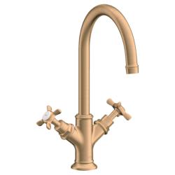 Смеситель для раковины Axor Montreux, двухвентильный, поворотный излив, длина излива 17,5 см, керамический, латунь, цвет шлифованная бронза, с донным клапаном