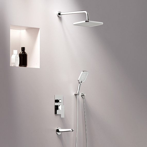 Душевая система Damixa Gala встраиваемая, цвет хром, комплект: смеситель/излив/тропический душ прямоугольный (с верхней лейкой)/лейка/шланг, латунь/ABS-пластик/ПВХ, скрытого монтажа 