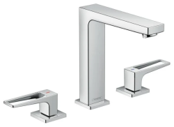 Смеситель для раковины Hansgrohe Metropol 160 на 3 отверстия, с рукояткой-петлей, двухвентильный, фиксированный излив, длина 15,2 см, керамический, латунь, цвет хром, со сливным клапаном Push-Open