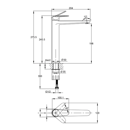 Смеситель для раковины/умывальника Cersanit Lara однорычажный, высокий, неповоротный, длина 154 мм, латунь, цвет черный