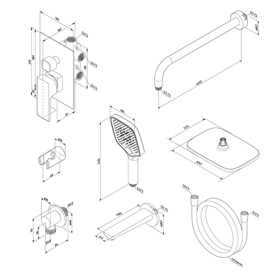 Душевая система Damixa Gala встраиваемая, цвет черный матовый, комплект: смеситель/излив/тропический душ прямоугольный (с верхней лейкой)/лейка/шланг, латунь/ABS-пластик/ПВХ, скрытого монтажа 