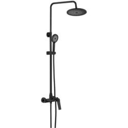 Душевая система SHEVANIK, высота 1420 мм, цвет черный матовый, комплект: однорычажный смеситель с изливом/тропический душ (с верхней лейкой)/стойка/лейка/шланг, наружного монтажа