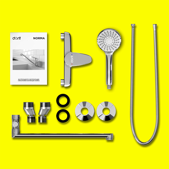 Смеситель для ванны/душа Dorff Norma однорычажный, керамический, настенный, излив поворотный 300 мм, с гибким шлангом/лейкой, латунь, хром