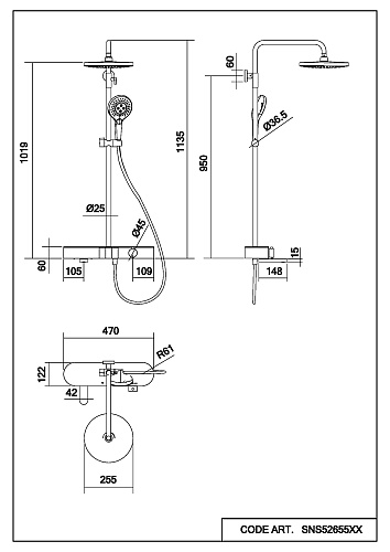 Душевая система Abelsberg Intensa с термостатом, высота 900−1300 мм цвет глянцевый хром, комплект: смеситель/излив/тропический душ округлый (с верхней лейкой)/лейка/стойка/шланг, латунь/ABS-пластик
