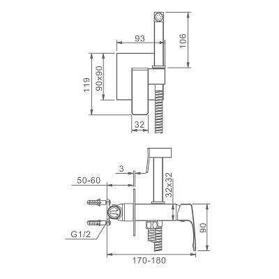 Смеситель с гигиеническим душем Raglo R01.52.09 встраиваемый, однорычажный, керамический, без излива, с гибким шлангом/лейкой, латунь, цвет графит