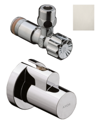 Вентиль Axor угловой, одновентильный, запорный, латунь, цвет: под сталь, керамический, подключение к стене 1/2", отвод 3/8", с декоративной накладкой