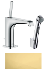 Смеситель для раковины Axor Citterio E 130 с гигиеническим душем/лейкой, однорычажный, фиксированный излив, длина 14,3 см, керамический, латунь, цвет полированное золото, шланг 160 см, для биде, сливной клапан Push-Open