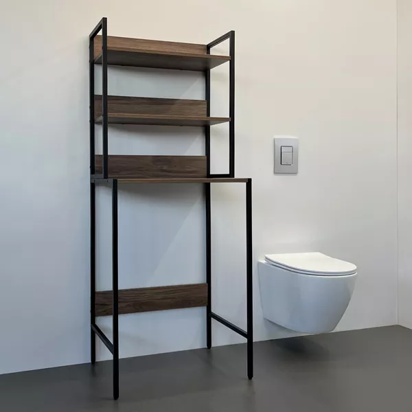 Стеллаж Comforty для установки над стиральной машиной, цвет дуб темно-коричневый/черный матовый, напольный, открытые полки, в ванную комнату, сталь/ЛДСП