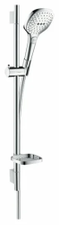 Душевой гарнитур Hansgrohe Raindance Select E 120 3jet EcoSmart, высота 65 см, лейка квадратная, комплект: ручной душ/душевая штанга/шланг для душа/ползунок/мыльница, стальной, нержавеющая сталь, цвет хром, наружного монтажа, настенный, для душа/ванн