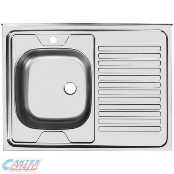 Мойка Ukinox Стандарт, 80х60 см, толщина 0.4 мм, с правым крылом, накладная, нержавеющая сталь, прямоугольная, цвет матовая, отверстие под смеситель, для кухни, прямая, встроенная