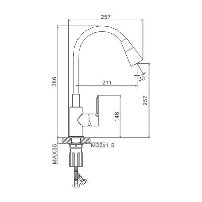 Смеситель для кухни/мойки Splenka S06.43.09 однорычажный, поворотный/гибкий излив, 2 режима поток воды и душ, керамический, высота 257 мм, длина 211 мм, латунь/силикон, цвет графит/черный