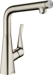 Смеситель для кухни/мойки Hansgrohe Metris Select M71 320, однорычажный, поворотный, керамический, с высоким L-образным изливом, высота излива 30,7 см, латунь, покрытие хром, цвет сталь, с кнопкой Select
