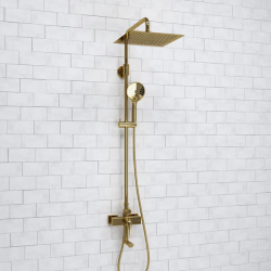 Душевая система WasserKRAFT Sauer, высота 950-1350 мм, цвет золото, комплект: однорычажный смеситель/излив/тропический душ (с верхней лейкой)/стойка/лейка/шланг, наружного монтажа