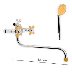 Смеситель для ванны/душа Accoona, настенный, двухвентильный, поворотный, керамический, длина излива 333 мм, цинк, цвет хром/желтый