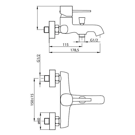 Смеситель для ванны/душа Damixa Sirius однорычажный, настенный, излив короткий, без шланга/лейки, латунь, цвет хром
