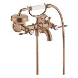 Смеситель для ванны Axor Montreux, двухвентильный, с рычаговыми рукоятками, настенный, наружнего/внешнего монтажа, неповоротный, латунный, длина излива 22,4 см, керамический, цвет шлифованное красное золото, с душевым шлангом/лейкой/держателем