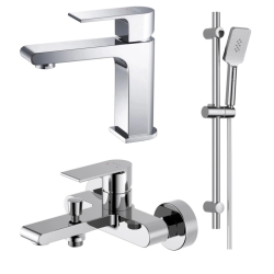 Комплект смесителей Aquatek Лира 3 в 1 хром, смеситель для ванны, раковины, душевой гарнитур, однорычажный, латунь/нержавеющая сталь