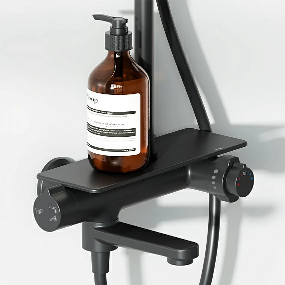 Душевая система Damixa Jupiter, высота 1050-1450 мм, цвет черный матовый, комплект: термостатический смеситель-полка/излив/тропический душ круглый (с верхней лейкой)/стойка/лейка/шланг, латунь/пластик