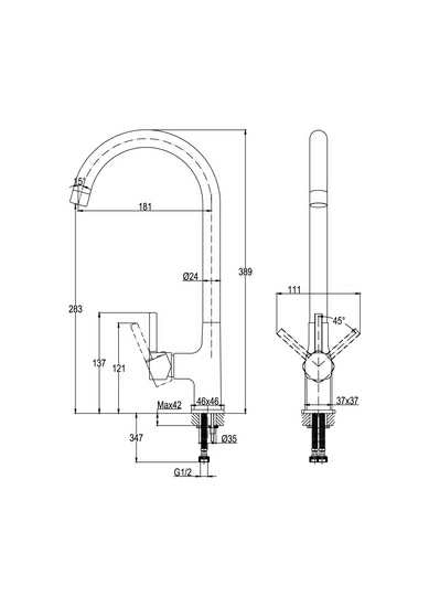 Смеситель для кухни/мойки Cersanit Elio однорычажный, поворотный излив, керамический, высота 283 мм, длина 181 мм, латунь, цвет хром