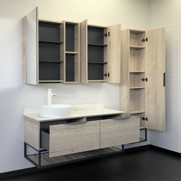 Тумба с раковиной Comforty Порто-120-1, 120х64,5х52 см, подвесная, 2 выдвижных ящика/открытая полка, ЛДСП/сталь, прямоугольная, цвет- дуб дымчатый/белый/раковина COMFORTY 9110, круглая, цвет белый, накладная