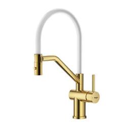 Смеситель для кухни/мойки Raglo R86.41.03 однорычажный, поворотный, керамический картридж, съемный/гибкий излив на магните, длина излива 225 мм, нержавеющая сталь/силикон, цвет золотой сатин/белый