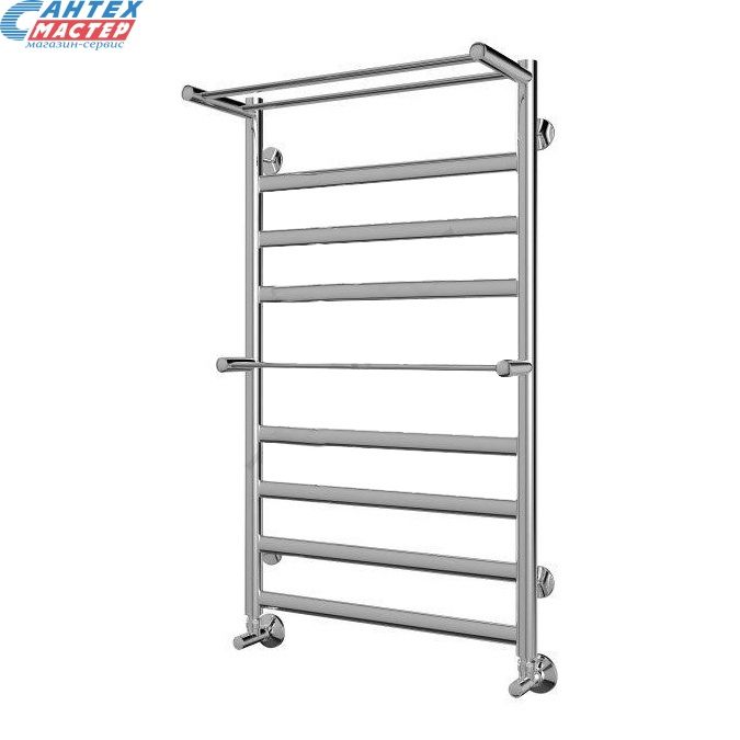 Полотенцесушитель 500x830 мм Terminus Юпитер П9 1/2" дюйма. водяной, с полкой (полочкой), нижнее подключение, из нержавеющей стали, форма лесенка, настенный, цвет хром, для ванны, вертикальный, к стояку горячей воды, отопления