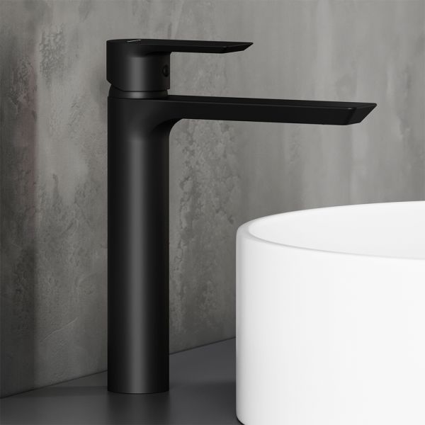 Смеситель для раковины/умывальника Damixa Apollo, однорычажный, неповоротный, керамический, высокий, длина излива 150 мм, латунь, цвет черный матовый