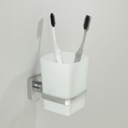 Стакан WasserKRAFT Rhin с держателем, настенный, материал: металл/стекло, форма квадратная, для зубных щеток в ванную/туалет/душевую кабину, цвет никель