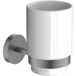 Стакан с держателем Aquatek Бетта настенный, латунь/керамика/нержавеющая сталь, округлый, для душа/ванны/зубных щеток, в ванную комнату, цвет оружейная сталь