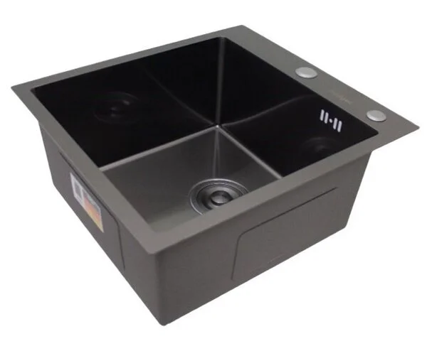 Мойка кухонная Hoffger 4550 врезная, Black (черная) 450х500х226 мм нержавеющая сталь, с PVD покрытием, с отверстием под смеситель, без крыла, слив-перелив