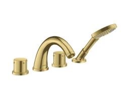 Смеситель для ванны Axor Starck двухвентильный, с рукоятками zero, монтаж на плитку, неповоротный, латунный, длина излива 24,2 см, керамический, цвет шлифованная медь, с душевым шлангом 110 см/лейкой, на 4 отверстия