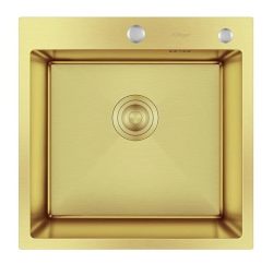 Мойка кухонная Hoffger 5050 врезная, Gold (золото) 500х500х225 мм нержавеющая сталь, с PVD покрытием, с отверстием под смеситель, без крыла, слив-перелив Мойка кухонная Hoffger 5050 врезная, Gold (золото) 500х500х225 мм нержавеющая сталь, с PVD покрытием, с отверстием под смеситель, без крыла, слив-перелив