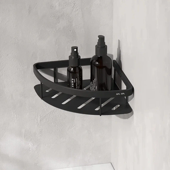 Полка-корзина AM.PM Sense L, одинарная, настенная, нержавеющая сталь, форма четверть круга, цвет: черный матовый, в ванную/туалет/душевую кабину