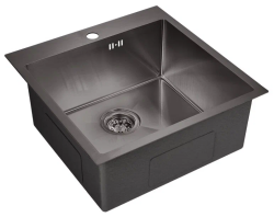 Мойка EMAR 50х50 см, врезная, из нержавеющей стали, квадртаная, цвет черный, с отверстием под смеситель, слив-перелив, без крыла, для кухни, универсальная, врезная под столешницу/над столешницей, для кухни