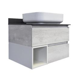Тумба с раковиной Comforty Прага 75, 75х63х52 см, подвесная, 2 выдвижных ящика/открытая полка, ЛДСП, прямоугольная, цвет- дуб белый/графит/раковина COMFORTY T-Y9378, прямоугольная, цвет белый, накладная