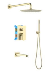 Душевая система Aquatek Оберон 4 в 1 встраиваемая, цвет шлифованное золото, комплект: однорычажный, смеситель/излив/тропический душ (с верхней лейкой)/лейка/шланг, встраиваемый (скрытый) монтаж
