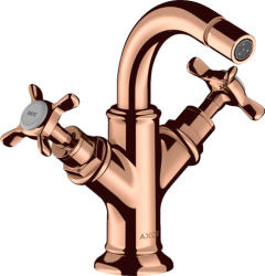 Смеситель для биде Axor Montreux двухвентильный, с крестообразными рукоятками, керамический, фиксированный излив, длина 10,4 см, латунь, цвет полированное красное золото, без шланга/лейки, с донным клапаном