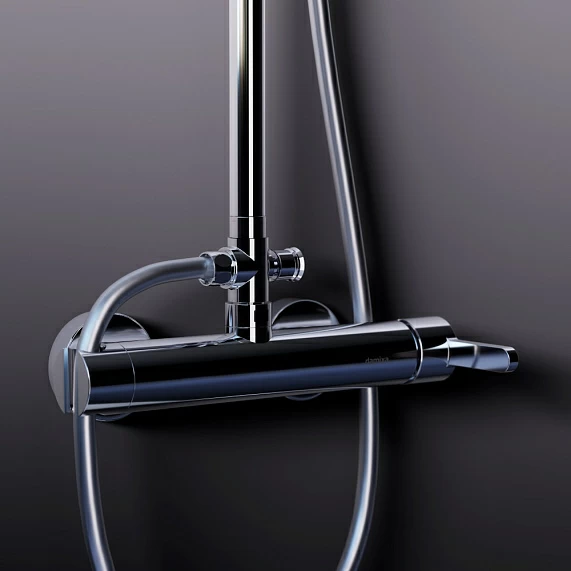 Душевая система Damixa Scandinavian Pure, высота 1050-1450 мм, цвет хром, комплект: смеситель/тропический душ круглый (с верхней лейкой)/стойка/лейка/шланг