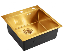 Мойка EMAR 50х50 см, врезная, из нержавеющей стали, квадртаная, цвет золото, с отверстием под смеситель, слив-перелив, без крыла, для кухни, универсальная, врезная под столешницу/над столешницей, для кухни