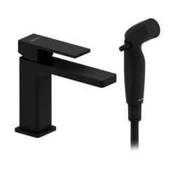 Смеситель для раковины/умывальника Damixa Gala, с гигиеническим душем, однорычажный, неповоротный, керамический, длина излива 125 мм, латунь, цвет черный матовый