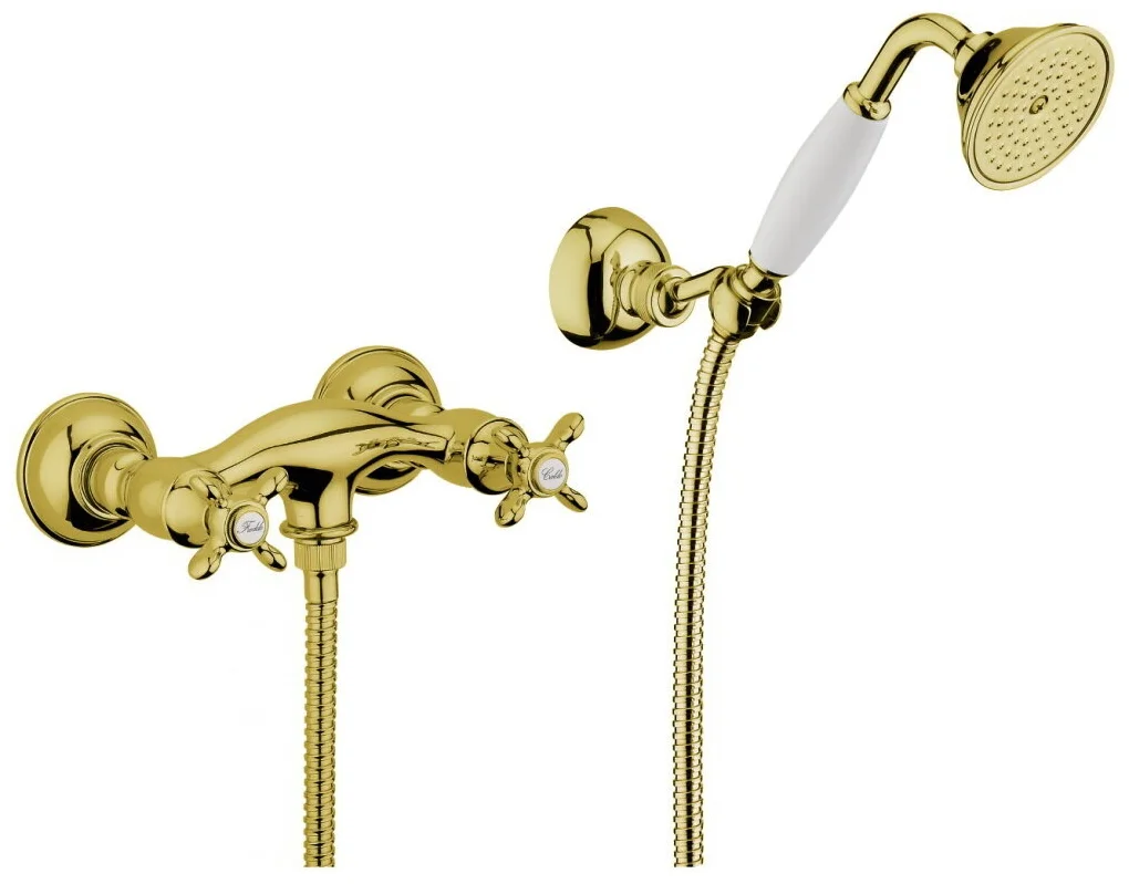 Смеситель для душа Webert Ottocento двухвентильный, керамический, настенный, с аксессуарами. без излива, с лейкой, шлангом, латунь золото