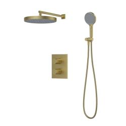 Душевая система встраиваемая IDDIS Duna цвет золото матовое, комплект: смеситель термостатический, верхняя лейка с тропическим душем, ручная лейка, душевой шланг 1,5 м скрытого монтажа