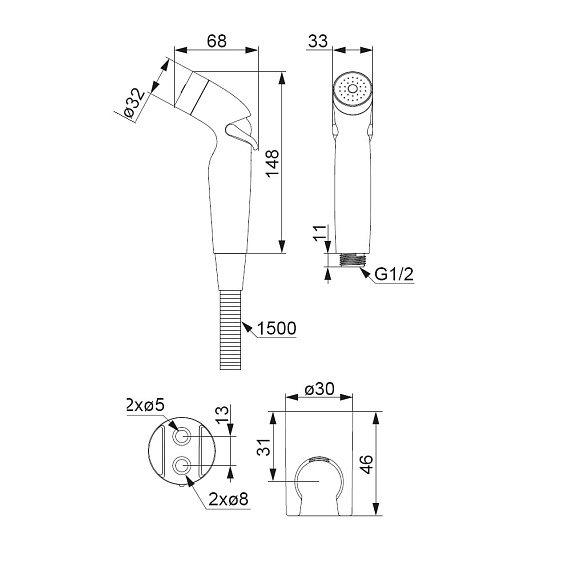 Душевой гарнитур Damixa Shower program гигиеническая лейка/шланг/держатель, цвет хром, пластик, 1 режим